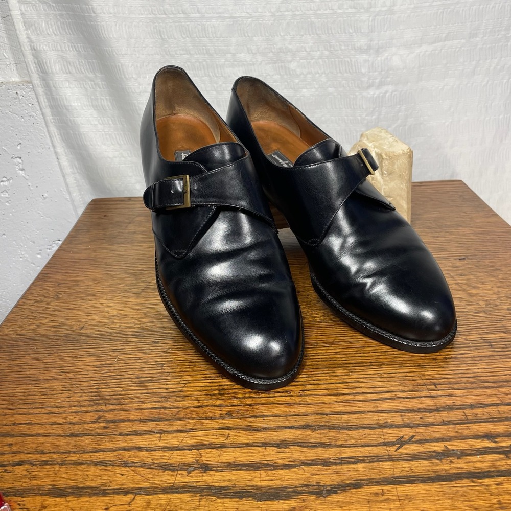 Salvatore Ferragamo Mens Black Leather Single Monk Strap Dress Shoes 10D Italy